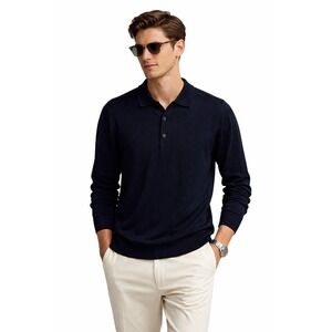 Faconnable Mens XL Navy Blue Sea Island Cotton Long Sleeve Polo Sweater England